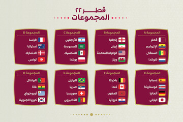 World Cup Qatar 2022 group stage graphic template Arabic. Flags of the countries participating set. Vector illustration.