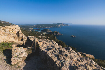 Angelokastro Castle near Palaiokastritsa and Krini, Corfu Island, Ionian sea, Central Corfu and Diapontia Islands, Greece, summer sunny landscape of Angelokastro byzantine fortress