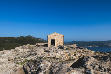 Angelokastro Castle near Palaiokastritsa and Krini, Corfu Island, Ionian sea, Central Corfu and Diapontia Islands, Greece, summer sunny landscape of Angelokastro byzantine fortress