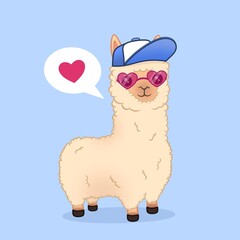 Creative concept illustration cute lama alpaca in funny hat baseball cap and sunglasses.