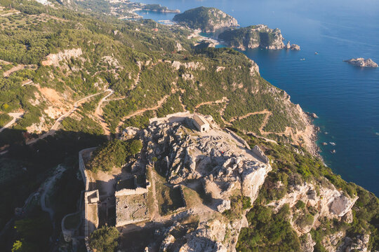 Angelokastro Castle near Palaiokastritsa and Krini, Corfu Island, Ionian sea, Central Corfu and Diapontia Islands, Greece, summer sunny landscape of Angelokastro byzantine fortress