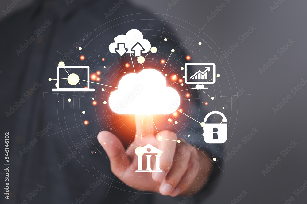 Poster Hand-touching to virtual artificial intelligence with cloud technology and the internet of things Cloud technology management and big data include business strategy and customer service.