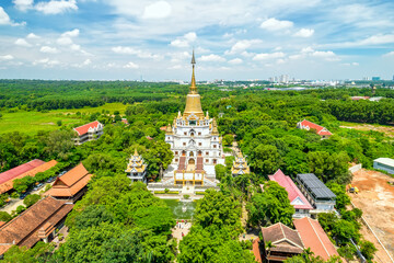 Aerial view of Buu Long Pagoda in Ho Chi Minh City, Vietnam. A beautiful buddhist temple hidden away. A mixed architecture of India, Myanmar, Thailand, Laos, and Viet Nam