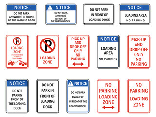 Parking sign and label no parking in front of loading zone set vector