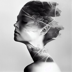 Double exposure portrait of a woman generated with Artificial Intelligence