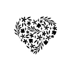 Floral heart vector illustration. Cute hand drawn black composition with flowers, herbs, leaves for Valentine Day, Mothers Day, Womens Day. For card, invitation, print, poster.