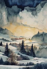 Wall murals Forest in fog Watercolor Background for Winter