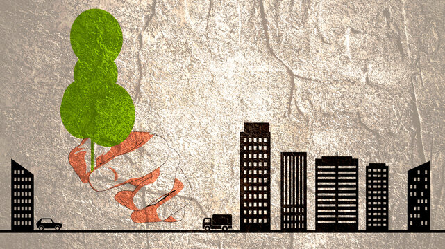 Hand holding green tree. Global warming concept. City panoramic view