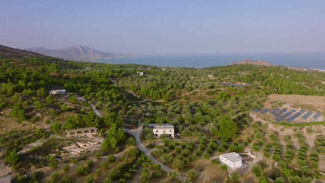 Aerial pullback riser over vast olive groves close to coastline, Pilonas, Rhodes