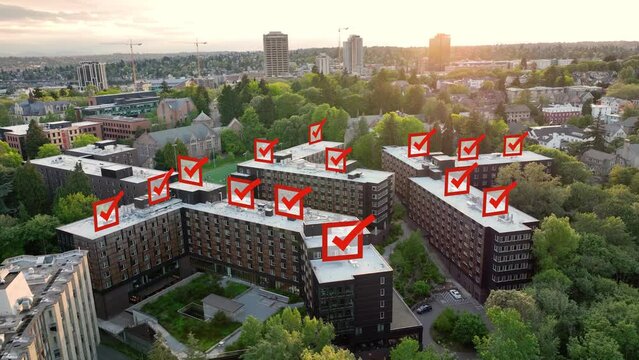 Red checkmarks appearing over college housing to show how students are voting.