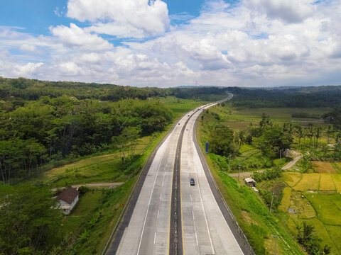 Aerial view of Salatiga highway between the fields of Central Java.