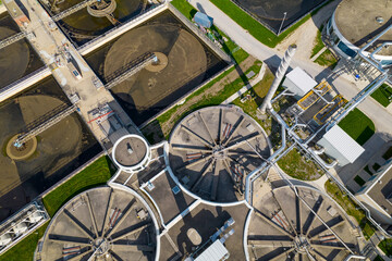 Sewage treatment plant view. Wastewater treatment facility in North America. Filtration of dirty...