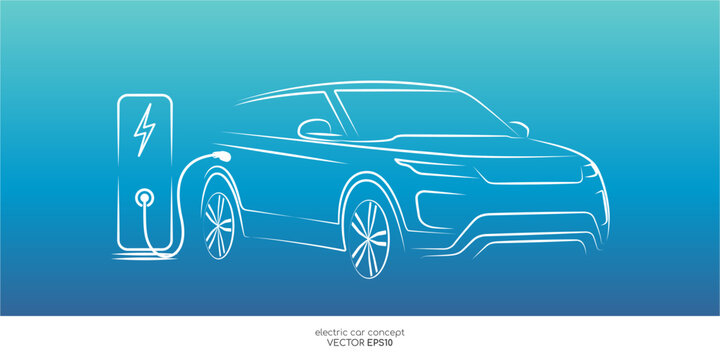 Electric SUV car with charging station by drawing sketch line white isolated on colorful blue green gradient background. Vector illustration.