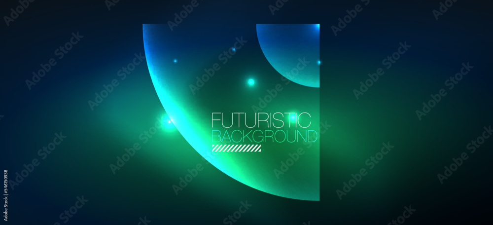 Poster shiny neon geometric abstract background. glowing lights on round shapes, triangles and circles. wal