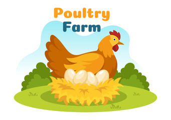 Poultry Farming with Farmer, Cage, Chicken and Egg Farm on Green Field Background View in Hand Drawn Cute Cartoon Template Illustration