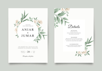 Fototapeta na wymiar Elegant wedding invitation template with green flowers and leaves