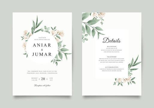 Elegant wedding invitation template with green flowers and leaves