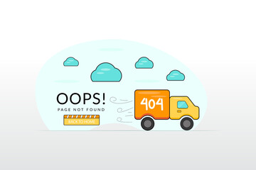 Vector Illustration, Orange car design driving under blue clouds with the words 404 page not found and the back to home button, flat design style - obrazy, fototapety, plakaty