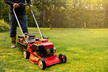 Garden work on the care of the lawn. A man mows the lawn using an electric pushing lawn mower.. cleaning concept.