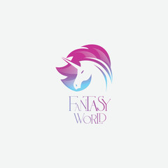 fantasy world logo with unicorn and colorful abstract shapes