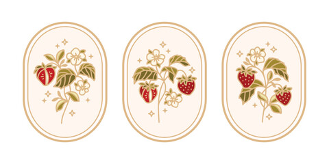 Set of vintage linear hand drawn botanical strawberry, leaf branch vector logo and label elements