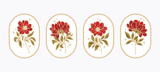 Set of hand drawn vintage retro botanical feminine peony flower, leaf branches, and frame line art logo elements © Artflorara