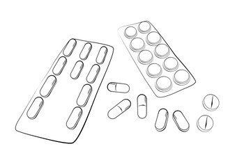 simple vector sketch top view, stack of pills and capsules