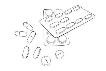 simple vector sketch top view, stack of pills and capsules - obrazy, fototapety, plakaty