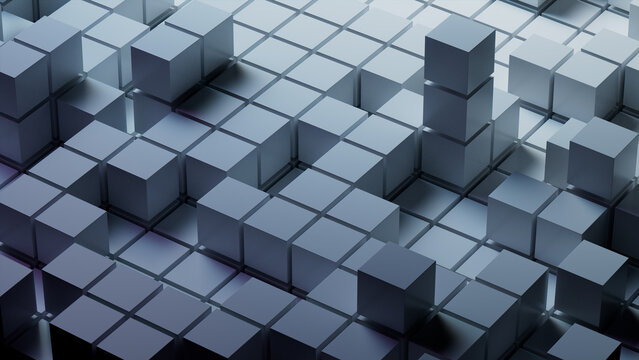 Grey, Glossy Blocks Perfectly Arranged to create a Innovative Tech Background. 3D Render.