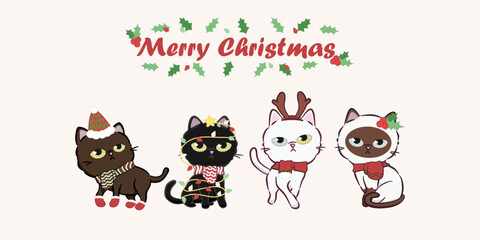 Merry Christmas with cute cat dress up collection. Cute cat character for christmas and new year. Graphic resource for graphic, content , banner, sticker label and greeting card.