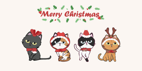 Obraz premium Merry Christmas with cute cat dress up collection. Cute cat character for christmas and new year. Graphic resource for graphic, content , banner, sticker label and greeting card.