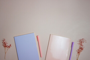 Pink and blue notebook with colorful pen over the pink background. 