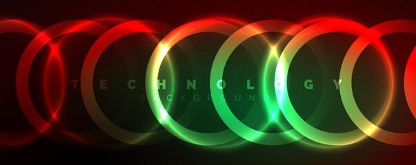 Neon glowing circles and round shape lines, magic energy space light concept, abstract background wallpaper design