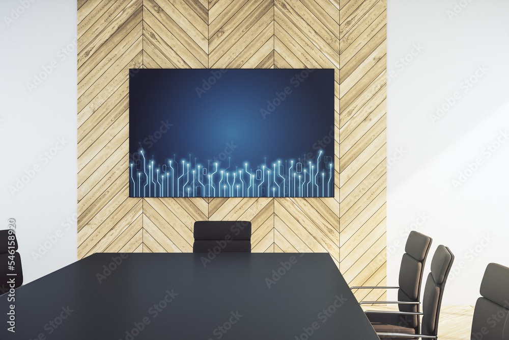 Aufkleber Creative abstract micro chip hologram on tv display in a modern presentation room, artificial intelligence and machine learning concept. 3D Rendering