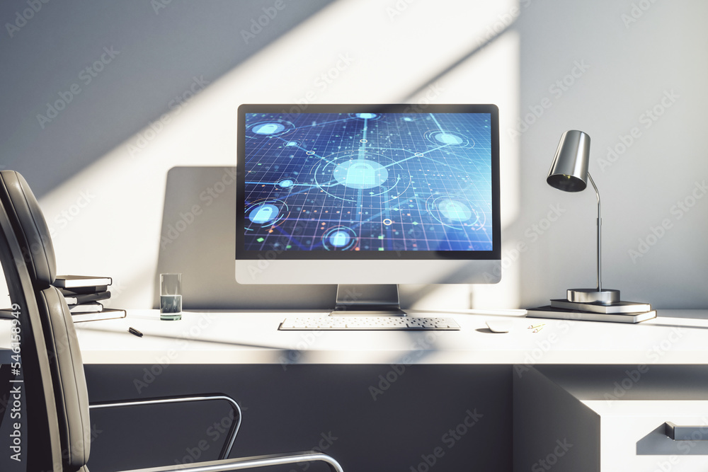 Aufkleber Computer monitor with creative light lock illustration and microcircuit, cyber security concept. 3D Rendering