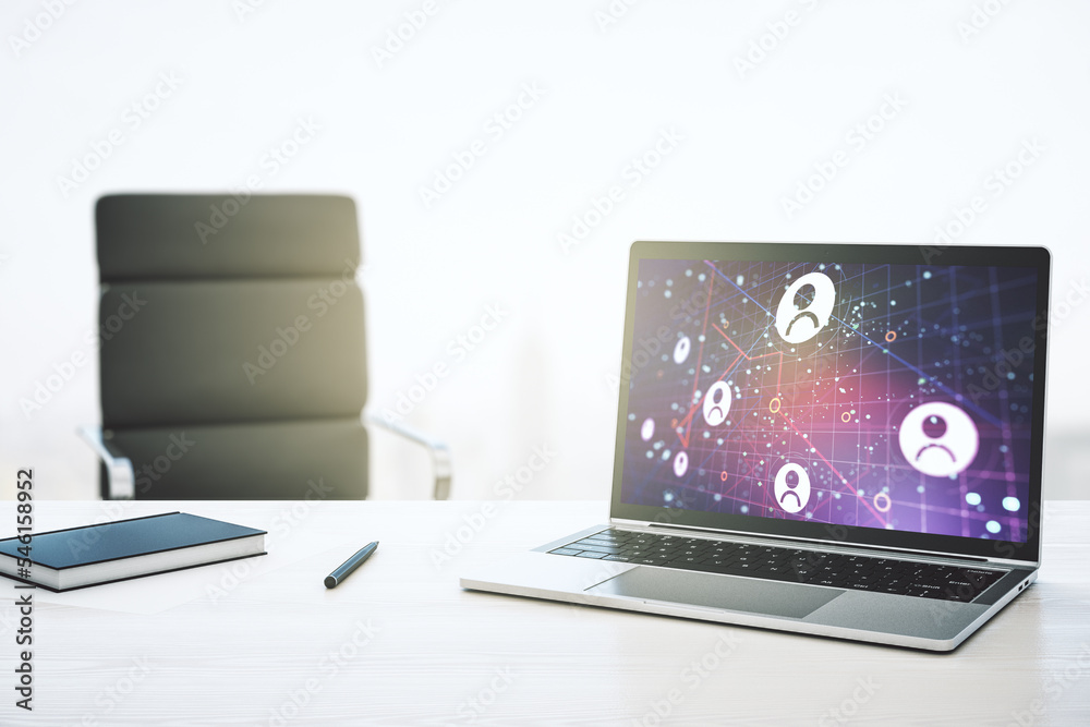 Poster Modern computer screen with social network media concept. 3D Rendering