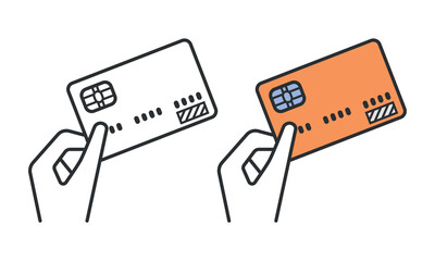 Hand holding credit card, colored icon outline object