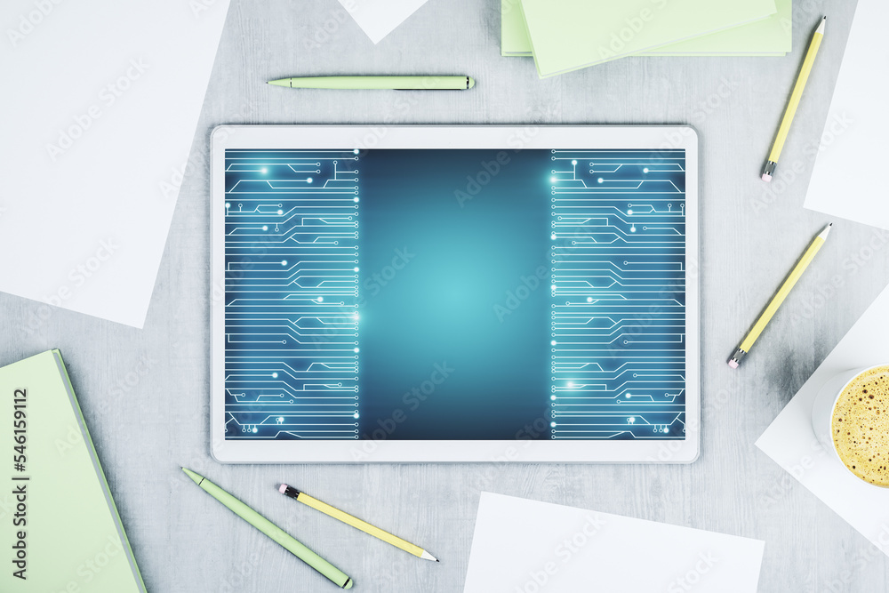 Poster creative concept of microscheme illustration on modern digital tablet screen. big data and database 