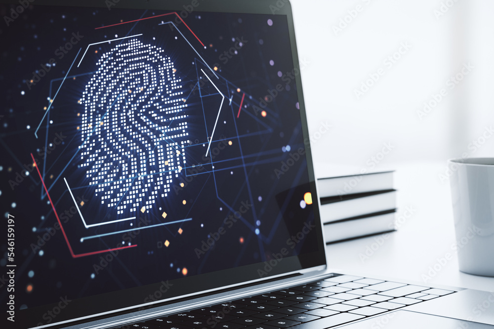 Poster abstract creative fingerprint concept on modern laptop screen. 3d rendering