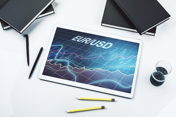 Creative concept of EURO USD financial chart illustration on modern digital tablet screen. Trading and currency concept. Top view. 3D Rendering