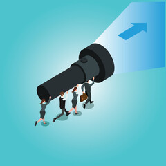 Business people holding a giant flashlight uncovering arrow sign isometric 3d vector illustration concept for banner, website, illustration, landing page, flyer, etc.