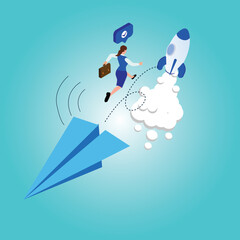 Businesswoman jumps from paper plane to fast rocket isometric 3d vector illustration concept for banner, website, illustration, landing page, flyer, etc.