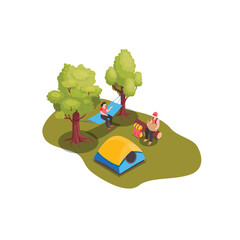 Camping tent with campers, logs and hammock isometric 3d vector illustration concept for banner, website, illustration, landing page, flyer, etc.