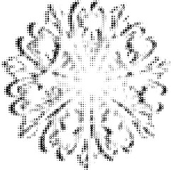 Perforated outline of a weightless snowflake with floral elements. Contour from pease, bullet, bubbles, mote, speckle, mottle, petals. Imitation of duplicate bottom layer. Space for copy text. Vector.