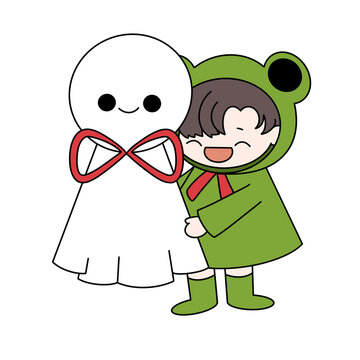 Boy wearing raincoat with teru teru bouzu color illustration