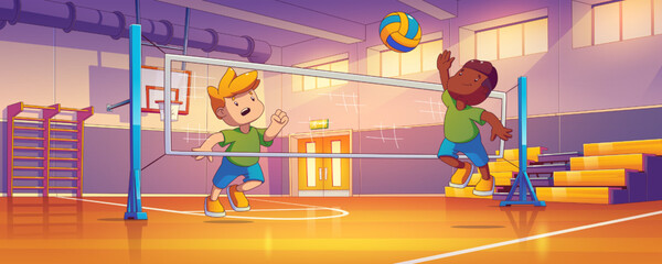 Boys play volleyball in school gym. Gymnasium, sport court interior with tribune, basketball basket, wall bars, volley net and playing kids, vector illustration in contemporary style