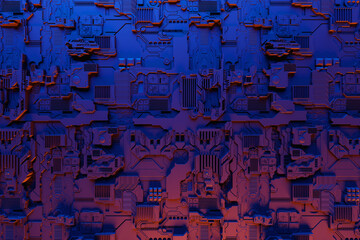 Detail of a futuristic  machine. 3D illustration of a futuristic wall made of various details. Cyberpunk background. Industrial wallpaper. Grunge details