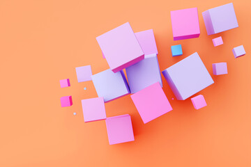 3d illustration of a  colorful cubes on a orange   background. Digital metaball background of flying