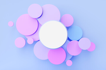3D illustration white  round frame  for text on a  colorful   background with many circles.
