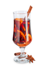 Mulled or spiced red wine alcoholic drink made with sliced orange and mulling spices as cinnamon stick and anise served hot in glass prepared at winter and christmas isolated on white background